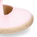 Cotton canvas espadrille shoes little Mary Jane style with hook and loop strap and bow.