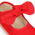 Cotton canvas espadrille shoes little Mary Jane style with hook and loop strap and bow.