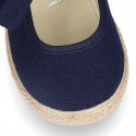 Cotton canvas espadrille shoes little Mary Jane style with hook and loop strap and bow.