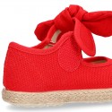 Cotton canvas espadrille shoes little Mary Jane style with hook and loop strap and bow.