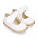 Cotton canvas espadrille shoes little Mary Jane style with hook and loop strap and bow.