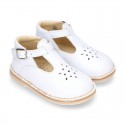 Nappa Leather kids T-strap shoes with buckle fastening and new perforated design.