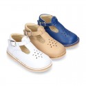 Nappa Leather kids T-strap shoes with buckle fastening and new perforated design.