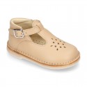 Nappa Leather kids T-strap shoes with buckle fastening and new perforated design.