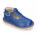 Nappa Leather kids T-strap shoes with buckle fastening and new perforated design.