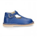 Nappa Leather kids T-strap shoes with buckle fastening and new perforated design.