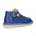 Nappa Leather kids T-strap shoes with buckle fastening and new perforated design.