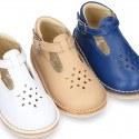 Nappa Leather kids T-strap shoes with buckle fastening and new perforated design.