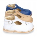 Nappa Leather kids T-strap shoes with buckle fastening and new perforated design.