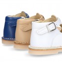 Nappa Leather kids T-strap shoes with buckle fastening and new perforated design.