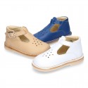 Nappa Leather kids T-strap shoes with buckle fastening and new perforated design.