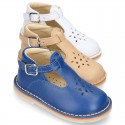 Nappa Leather kids T-strap shoes with buckle fastening and new perforated design.