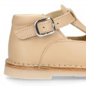 Nappa Leather kids T-strap shoes with buckle fastening and new perforated design.