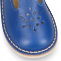 Nappa Leather kids T-strap shoes with buckle fastening and new perforated design.