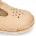 Nappa Leather kids T-strap shoes with buckle fastening and new perforated design.