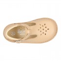 Nappa Leather kids T-strap shoes with buckle fastening and new perforated design.