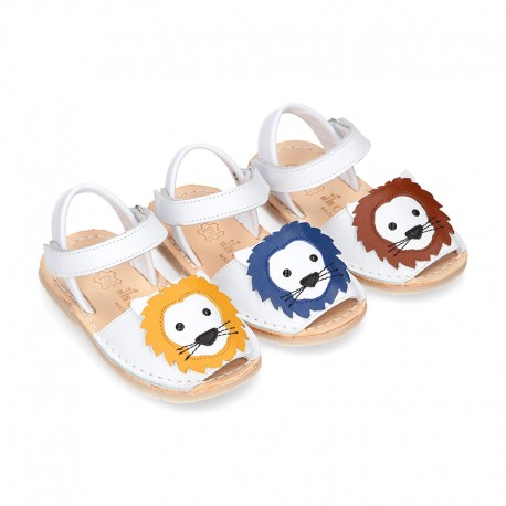 Little LYON soft leather Menorquina sandals with hook and loop strap.