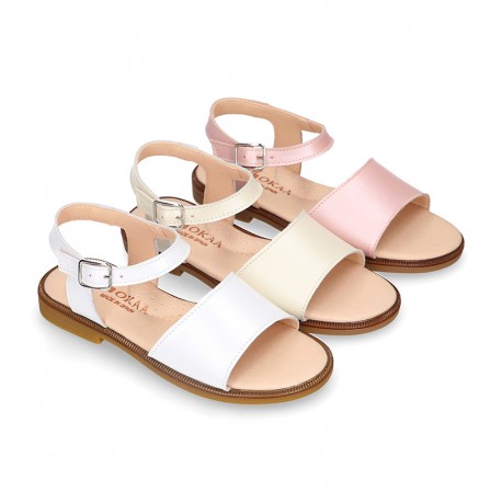 PEARL Nappa Leather Girl Sandal shoes with buckle fastening.