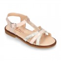 T-Strap Combined Nappa Leather Sandal shoes for girls.