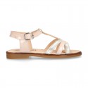 T-Strap Combined Nappa Leather Sandal shoes for girls.