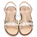 T-Strap Combined Nappa Leather Sandal shoes for girls.