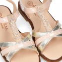 T-Strap Combined Nappa Leather Sandal shoes for girls.