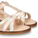 T-Strap Combined Nappa Leather Sandal shoes for girls.