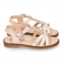 T-Strap Combined Nappa Leather Sandal shoes for girls.