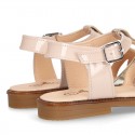 T-Strap Combined Nappa Leather Sandal shoes for girls.