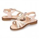 T-Strap Combined Nappa Leather Sandal shoes for girls.