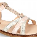 T-Strap Combined Nappa Leather Sandal shoes for girls.