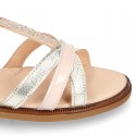 T-Strap Combined Nappa Leather Sandal shoes for girls.