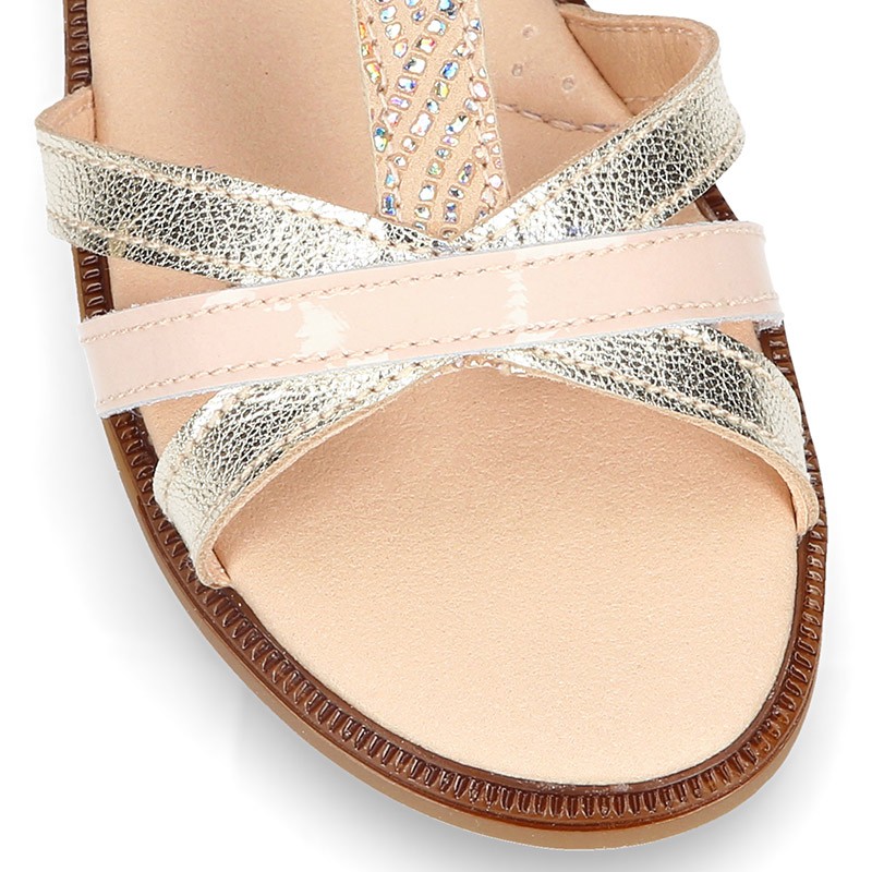 T-Strap Combined Nappa Leather Sandal shoes for girls. D235 | OkaaSpain