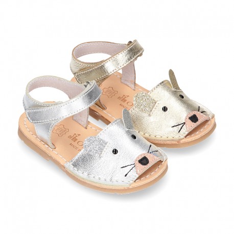 Little MOUSE Metal leather Menorquina sandals with hook and loop strap.