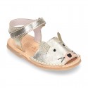 Little MOUSE Metal leather Menorquina sandals with hook and loop strap.