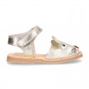 Little MOUSE Metal leather Menorquina sandals with hook and loop strap.