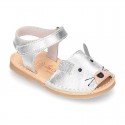 Little MOUSE Metal leather Menorquina sandals with hook and loop strap.