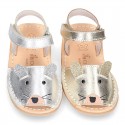 Little MOUSE Metal leather Menorquina sandals with hook and loop strap.