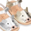 Little MOUSE Metal leather Menorquina sandals with hook and loop strap.