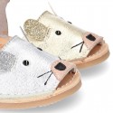 Little MOUSE Metal leather Menorquina sandals with hook and loop strap.