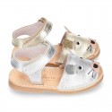 Little MOUSE Metal leather Menorquina sandals with hook and loop strap.