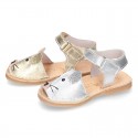 Little MOUSE Metal leather Menorquina sandals with hook and loop strap.