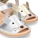 Little MOUSE Metal leather Menorquina sandals with hook and loop strap.