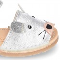 Little MOUSE Metal leather Menorquina sandals with hook and loop strap.