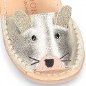 Little MOUSE Metal leather Menorquina sandals with hook and loop strap.