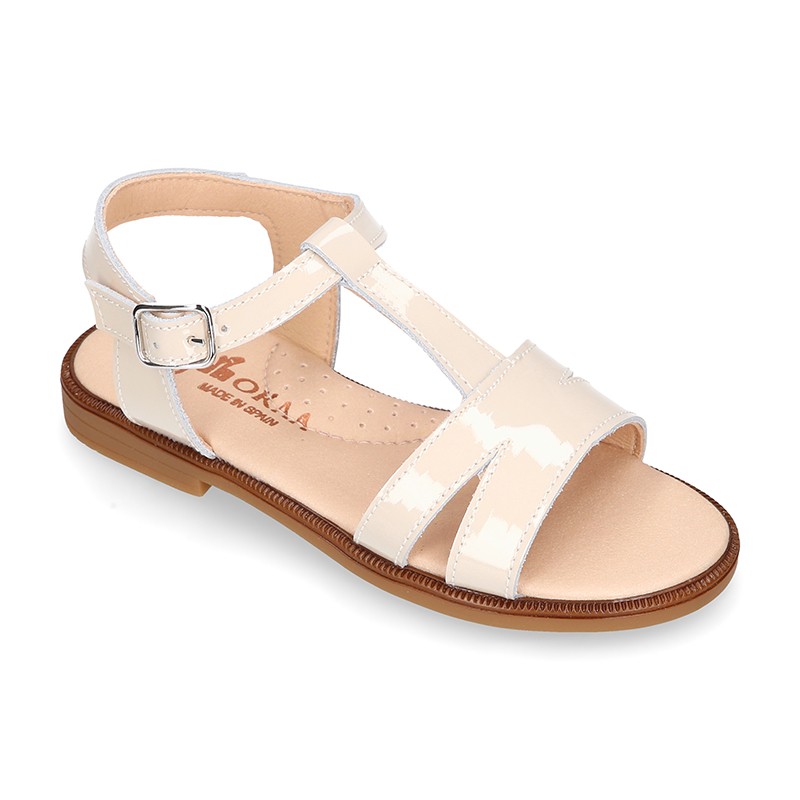 Patent Leather T-Strap Sandal shoes with crossed straps for girls. D237 ...