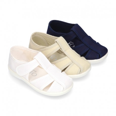 Kids T-cotton canvas STRAP SANDAL style shoes with hook and loop strap.