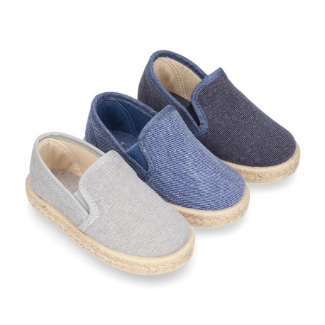 Washed Cotton canvas kids SLIP ON Espadrille shoes with elastic bands.