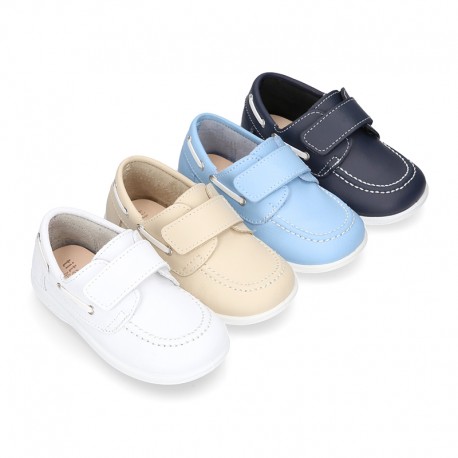 Washable leather kids Boat shoes laceless.