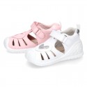 Washable leather little Mary Jane shoes sandal style with HEART, hook and loop strap design and reinforced toe cap and counter.